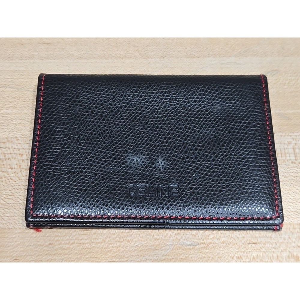 Vintage Celine‎ Paris Bifold Pebbled Leather Card Wallet Black ID Slim Black/Red